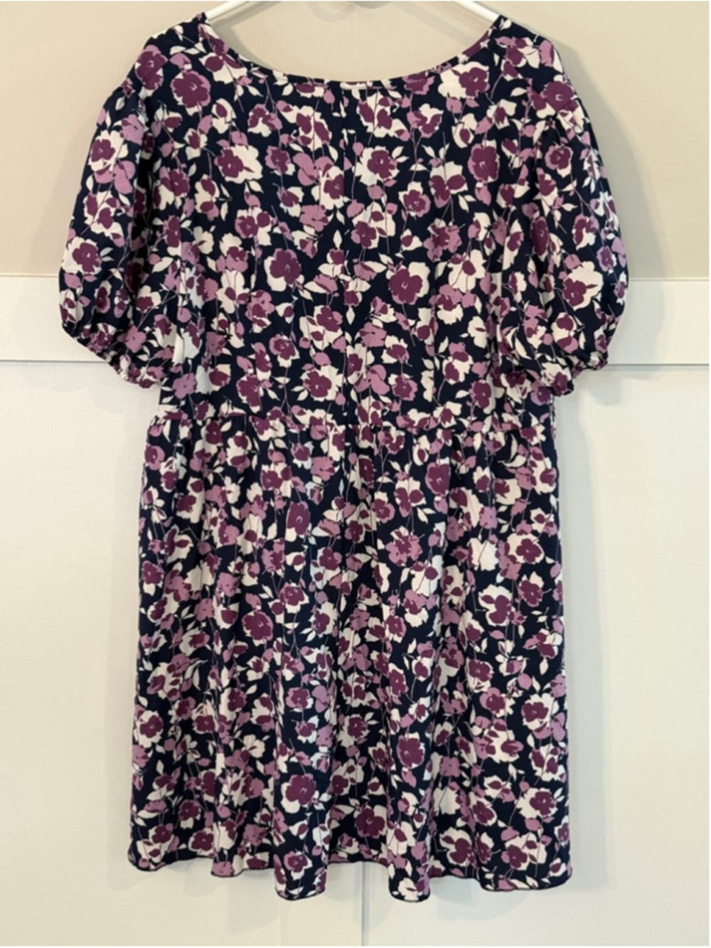 Women 1XL Purple Floral Babydoll Dress Puff Sleeve V Neck Mini Plus Size - Picture 2 of 4